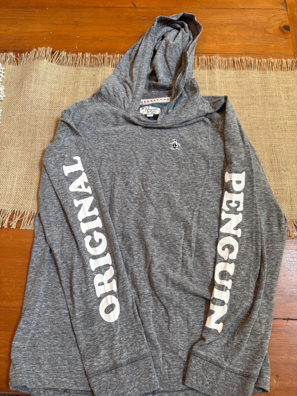 Original Penguin Heather Gray Hooded Long-Sleeve Tee with Sleeve Lettering